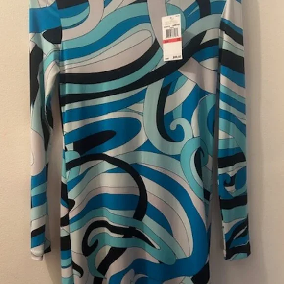 Michael Kors Abstract Geometric Retro Print Shades of Blue Stretch MiniDress NWT - Picture 8 of 16